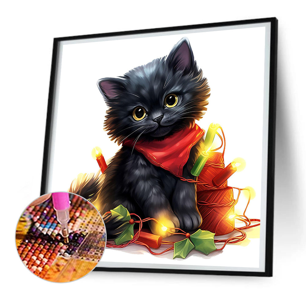 Lantern Black Cat - Full Round Drill Diamond Painting 30*30CM