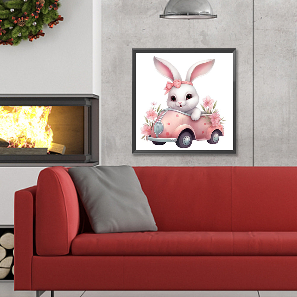 Pink Car Bunny - Full Round Drill Diamond Painting 30*30CM