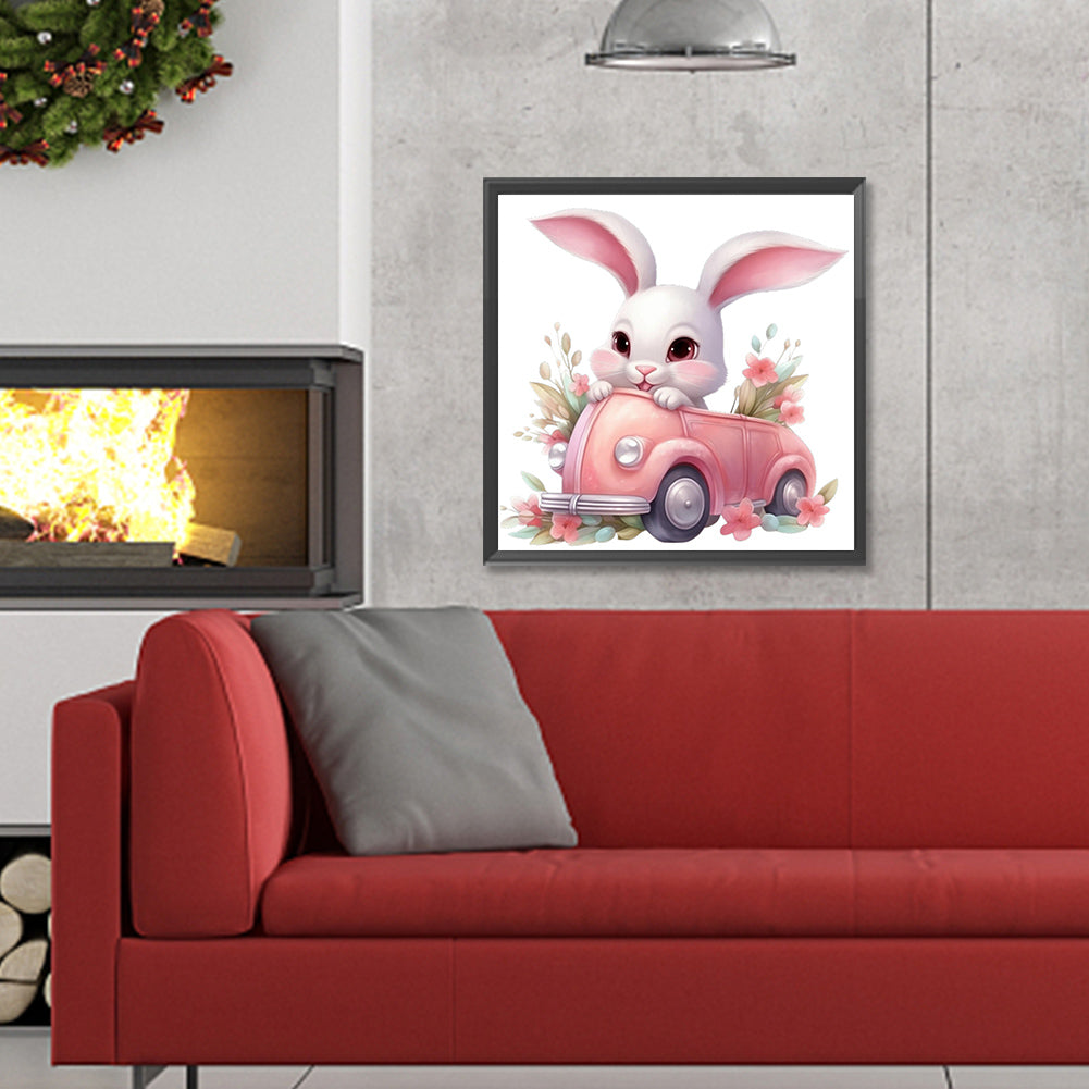Pink Car Bunny - Full Round Drill Diamond Painting 30*30CM