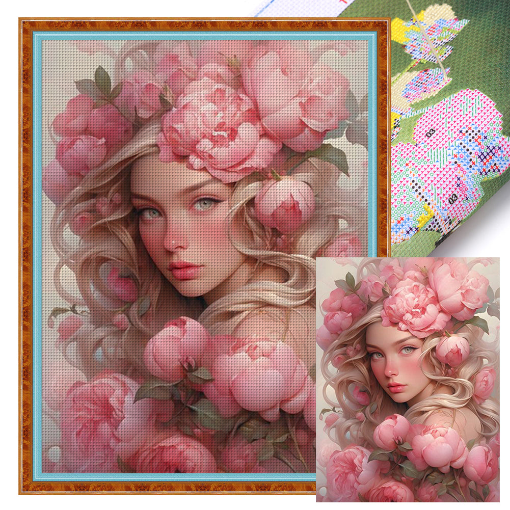 Peony Girl - 11CT Stamped Cross Stitch 50*65CM