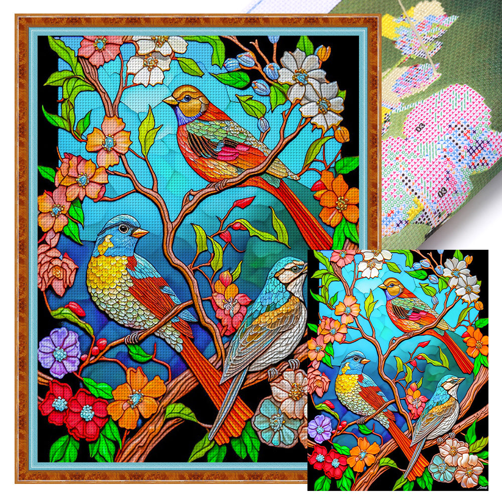 Glass Painting - Flowers And Birds - 11CT Stamped Cross Stitch 40*53CM