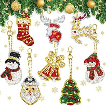 8PCS Diamond Art Keyring Sabta Double Sided Rhinestone Painting Keychain Pendant