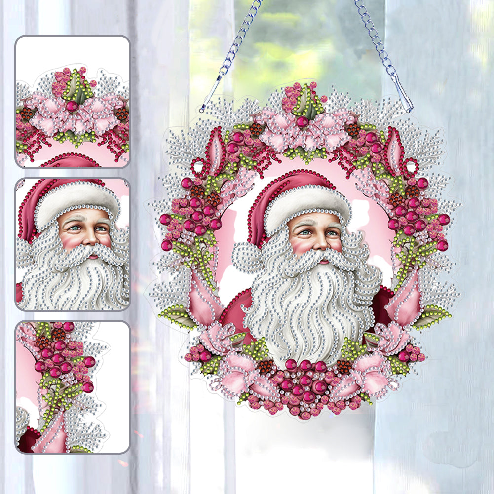 Acrylic Special Shape Diamond Painting Hanging Sign Pink Santa (#1)