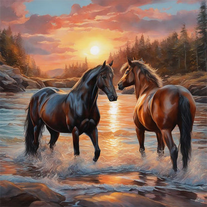 Two Horses - Full Round Drill Diamond Painting 30*30CM