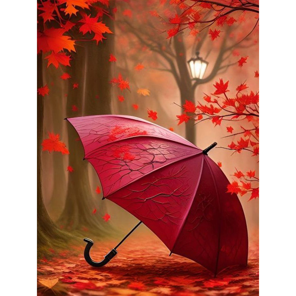 Red Umbrella In The Woods - Full Round Drill Diamond Painting 30*40CM