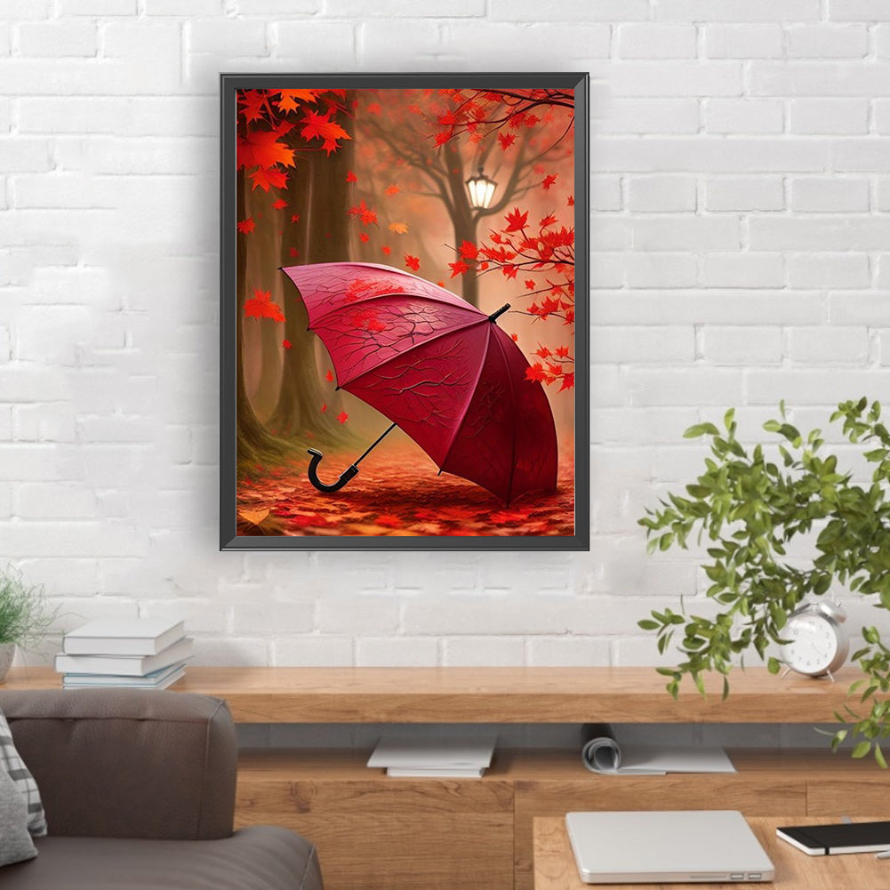 Red Umbrella In The Woods - Full Round Drill Diamond Painting 30*40CM