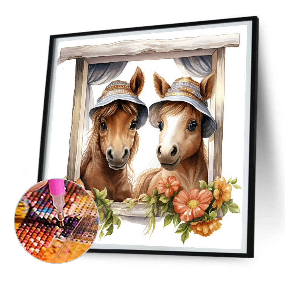 Window Animal Horse - Full Round Drill Diamond Painting 30*30CM