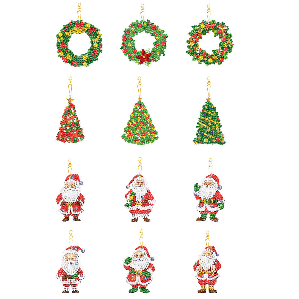 12PCS Double Sided Special Shape Diamond Painting Keychain Christmas Trees Santa