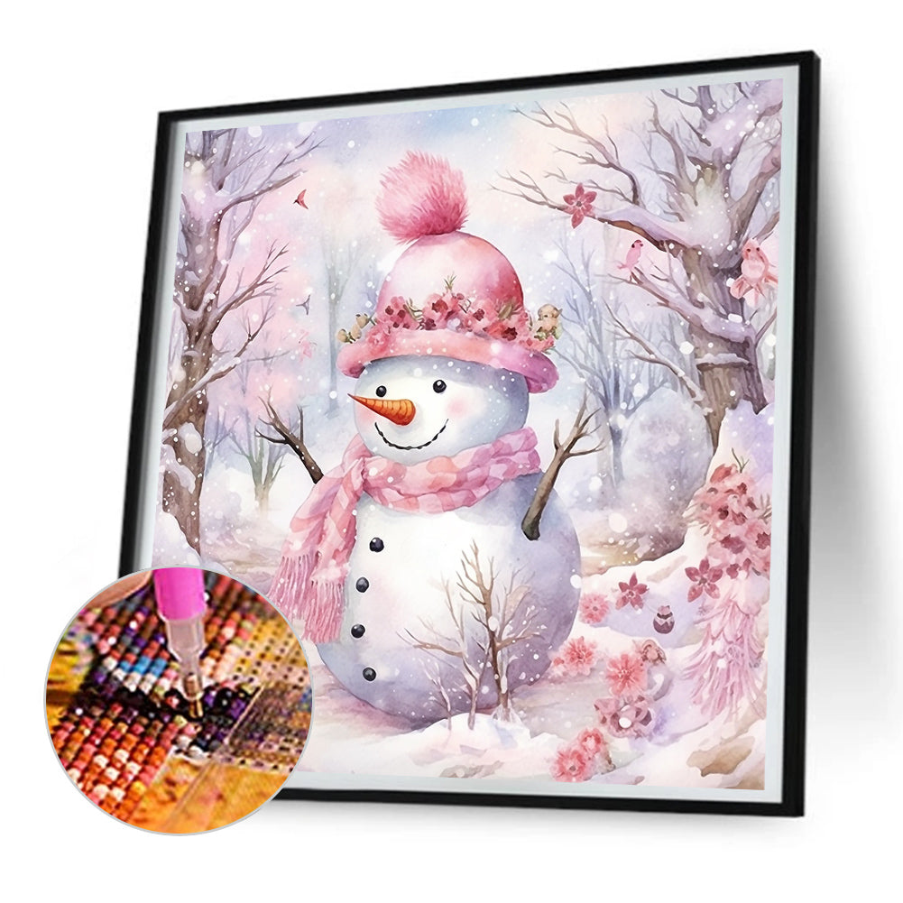 Winter Pink Snowman - Full Round Drill Diamond Painting 30*30CM