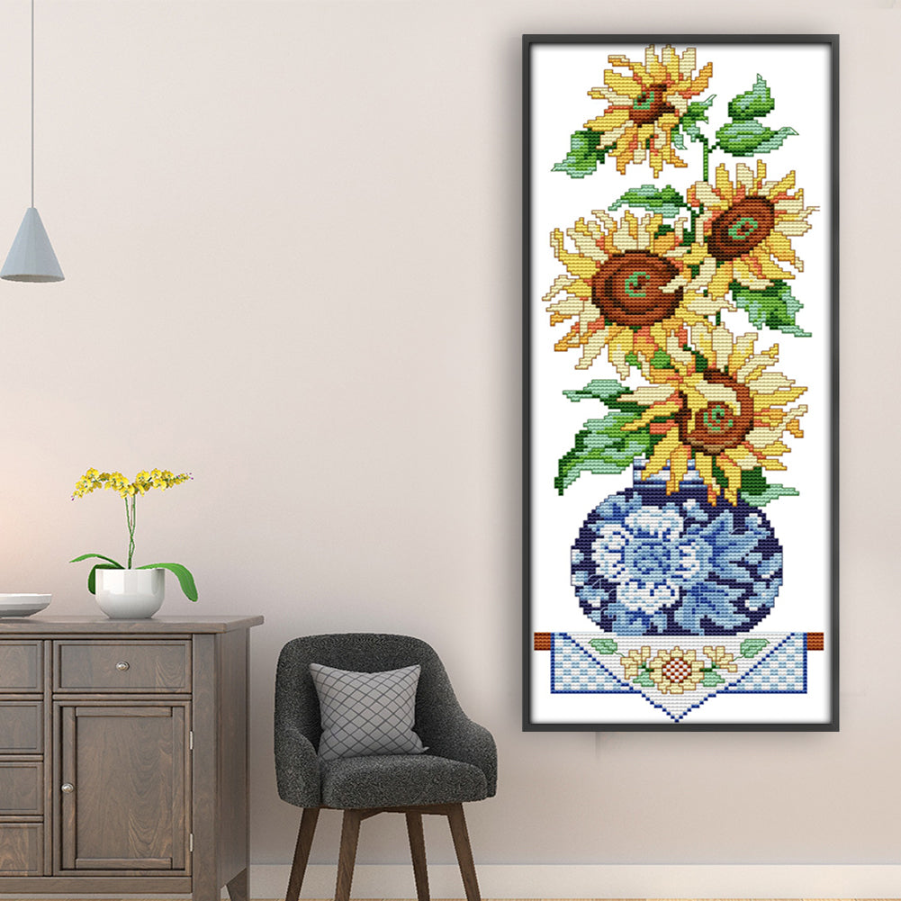 Sunflower In Bottle - 14CT Stamped Cross Stitch 18*42CM(Joy Sunday)