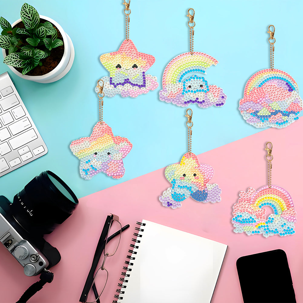 8PCS Double Sided Special Shape Diamond Painting Keychain (Rainbow and Stars)