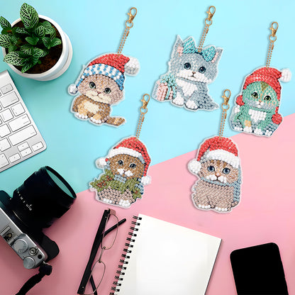 5PCS Double Sided Special Shape Diamond Painting Keychain (Christmas Cat)