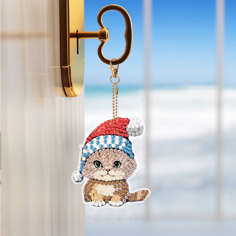 5PCS Double Sided Special Shape Diamond Painting Keychain (Christmas Cat)