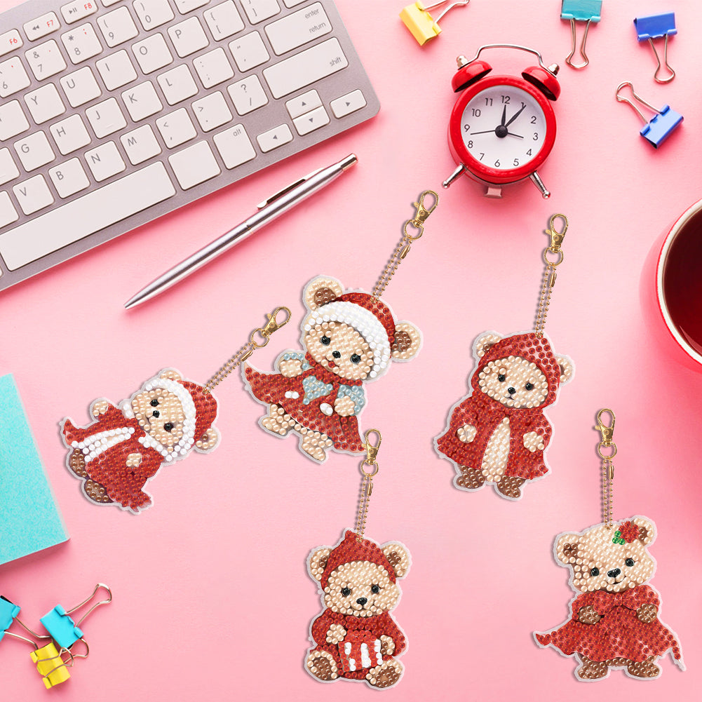 5PCS Double Sided Special Shape Diamond Painting Keychain (Little Bear in Red)