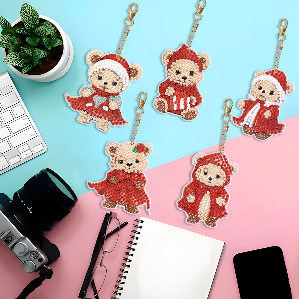 5PCS Double Sided Special Shape Diamond Painting Keychain (Little Bear in Red)