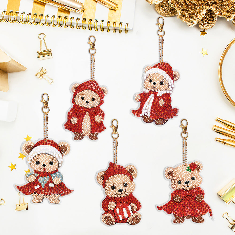 5PCS Double Sided Special Shape Diamond Painting Keychain (Little Bear in Red)