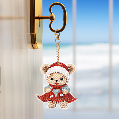 5PCS Double Sided Special Shape Diamond Painting Keychain (Little Bear in Red)