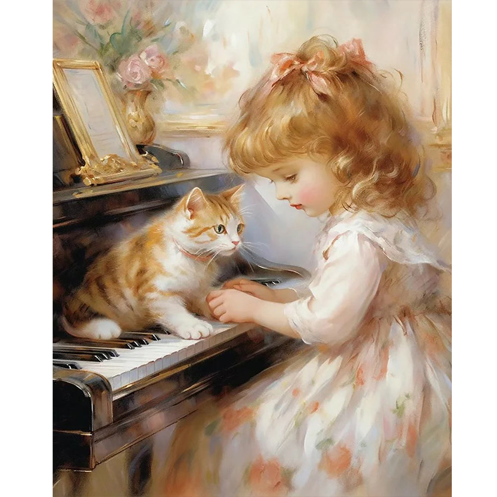 Piano Cat Girl - Full Round Drill Diamond Painting 40*50CM