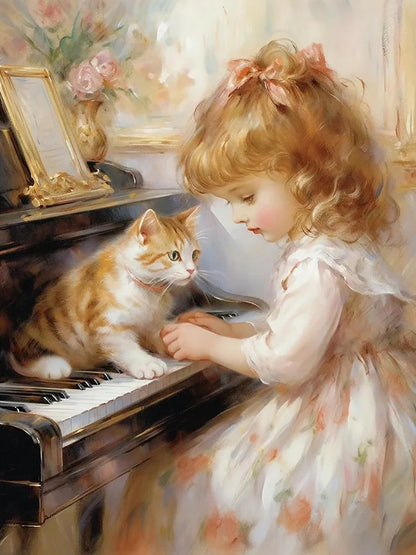 Piano Cat Girl - Full Round Drill Diamond Painting 40*50CM