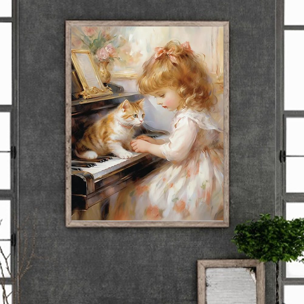 Piano Cat Girl - Full Round Drill Diamond Painting 40*50CM