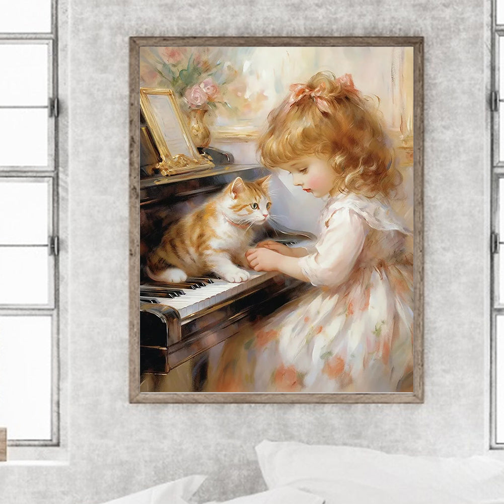 Piano Cat Girl - Full Round Drill Diamond Painting 40*50CM