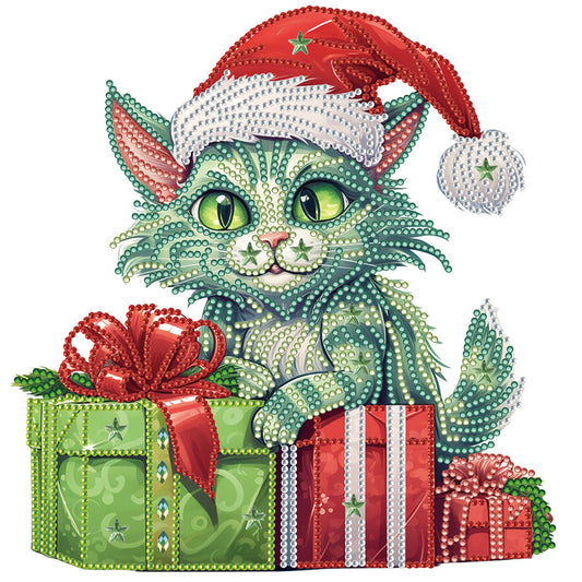 Christmas Green Kitten - Special Shaped Drill Diamond Painting 30*30CM