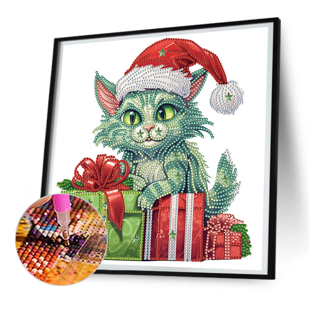 Christmas Green Kitten - Special Shaped Drill Diamond Painting 30*30CM