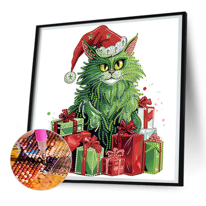 Christmas Green Kitten - Special Shaped Drill Diamond Painting 30*30CM