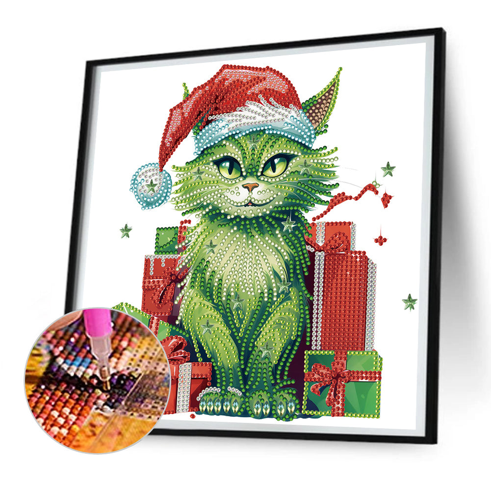 Christmas Green Kitten - Special Shaped Drill Diamond Painting 30*30CM