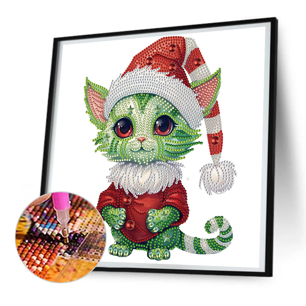 Christmas Green Kitten - Special Shaped Drill Diamond Painting 30*30CM