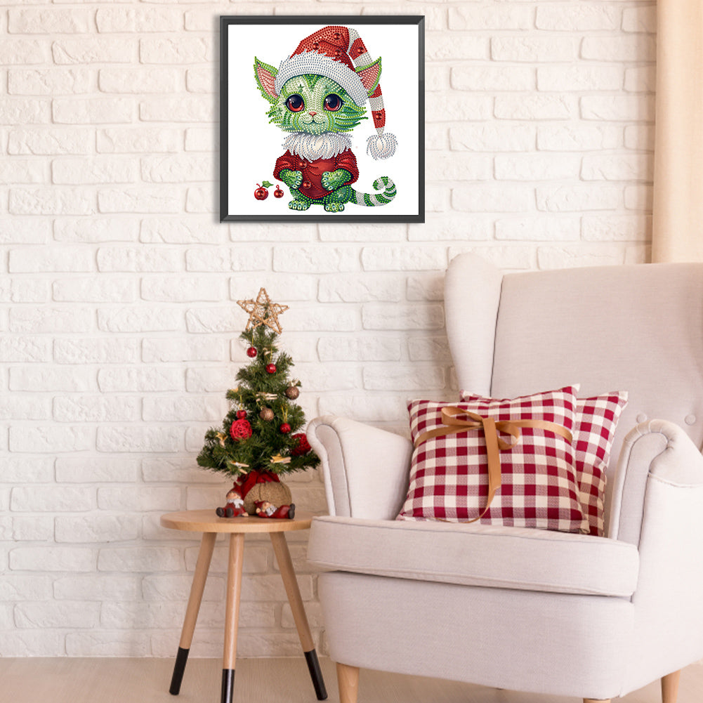 Christmas Green Kitten - Special Shaped Drill Diamond Painting 30*30CM