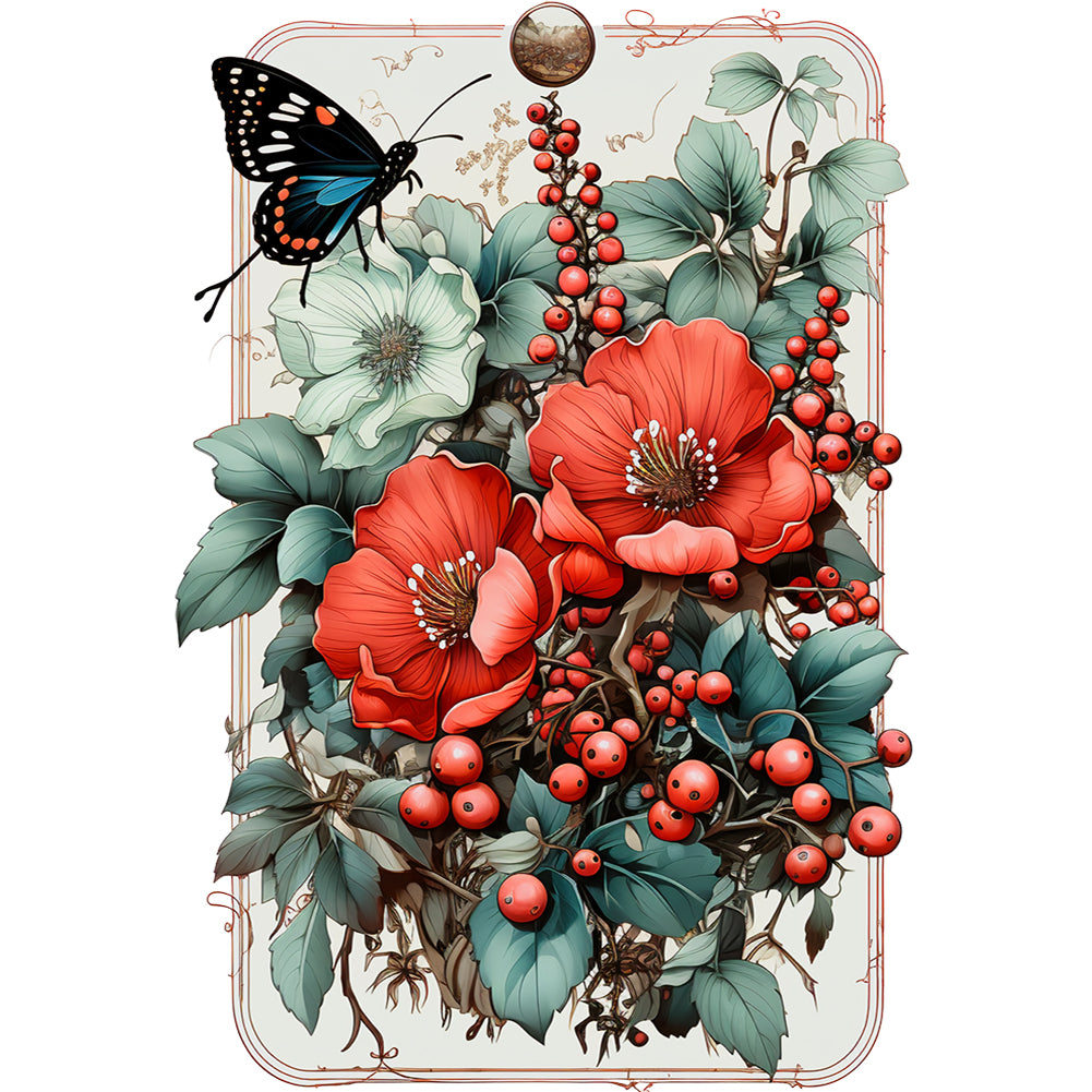 Retro Red Flower Butterfly - Full Round Drill Diamond Painting 30*40CM