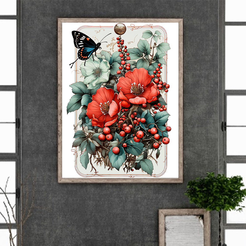 Retro Red Flower Butterfly - Full Round Drill Diamond Painting 30*40CM