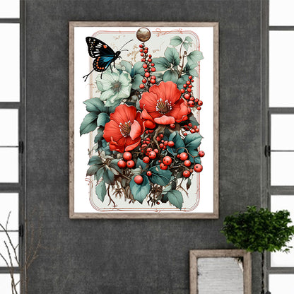 Retro Red Flower Butterfly - Full Round Drill Diamond Painting 30*40CM