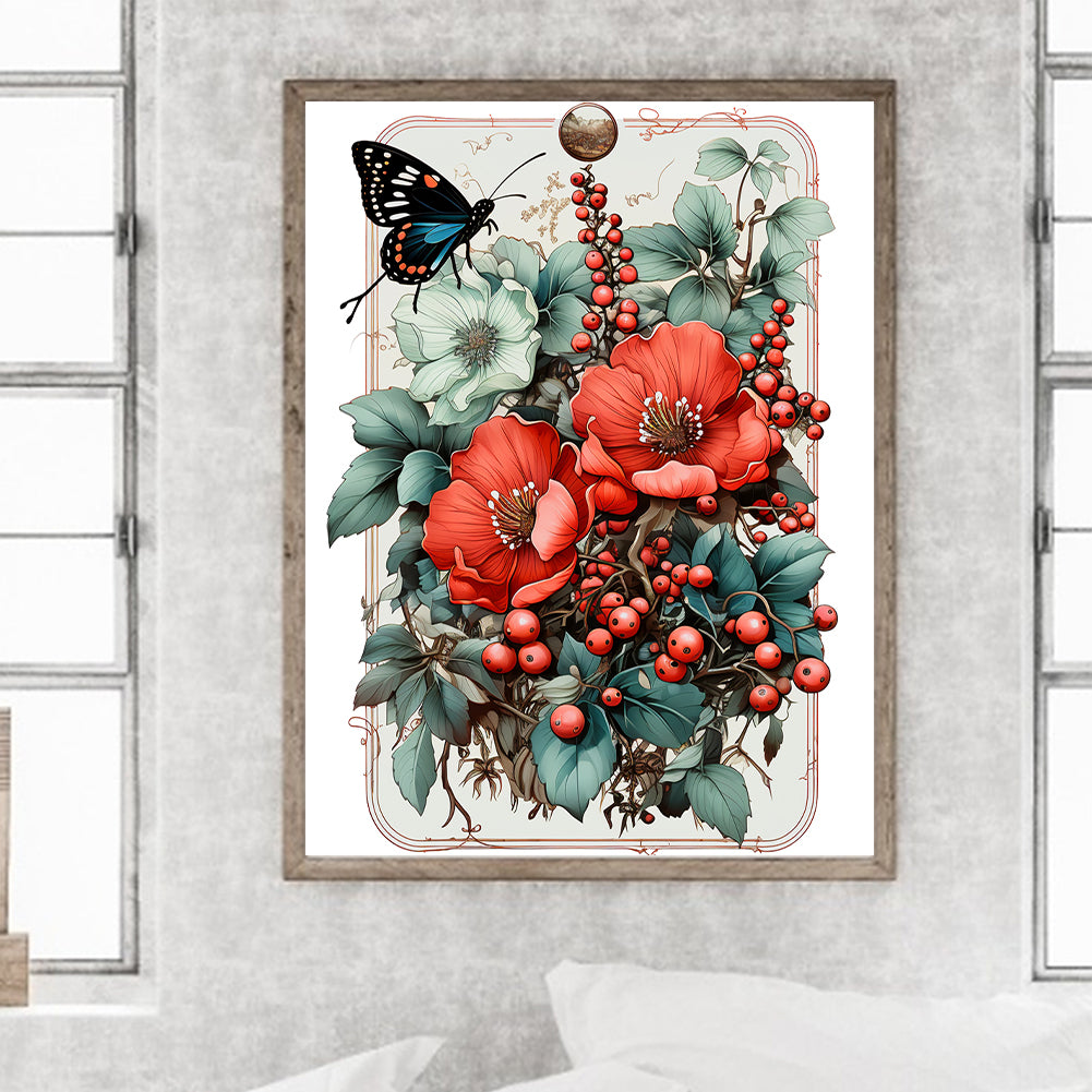 Retro Red Flower Butterfly - Full Round Drill Diamond Painting 30*40CM