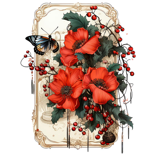 Retro Red Flower Butterfly - Full Round Drill Diamond Painting 30*40CM