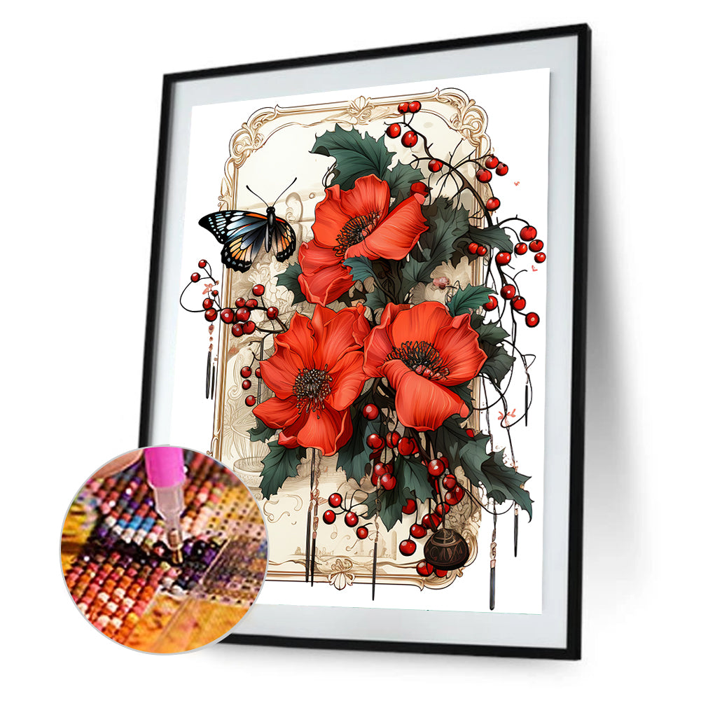 Retro Red Flower Butterfly - Full Round Drill Diamond Painting 30*40CM