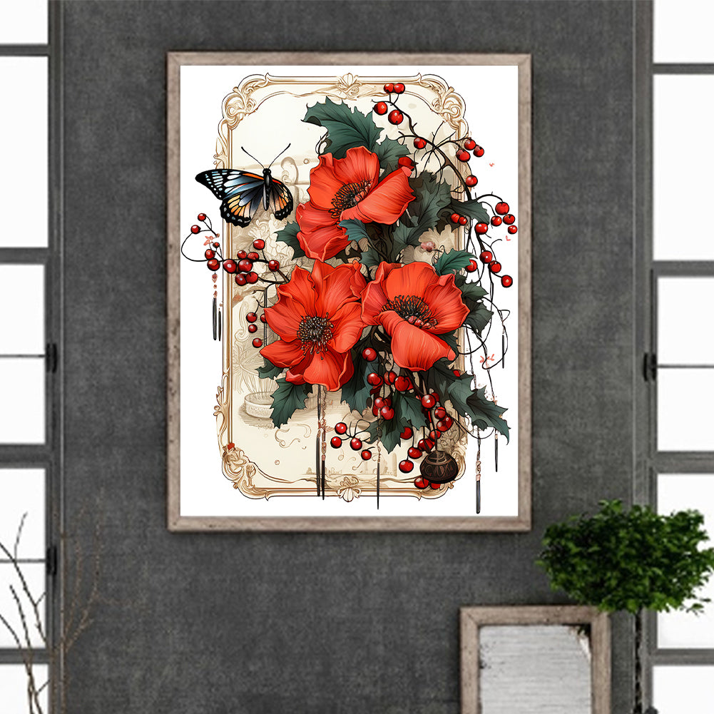 Retro Red Flower Butterfly - Full Round Drill Diamond Painting 30*40CM