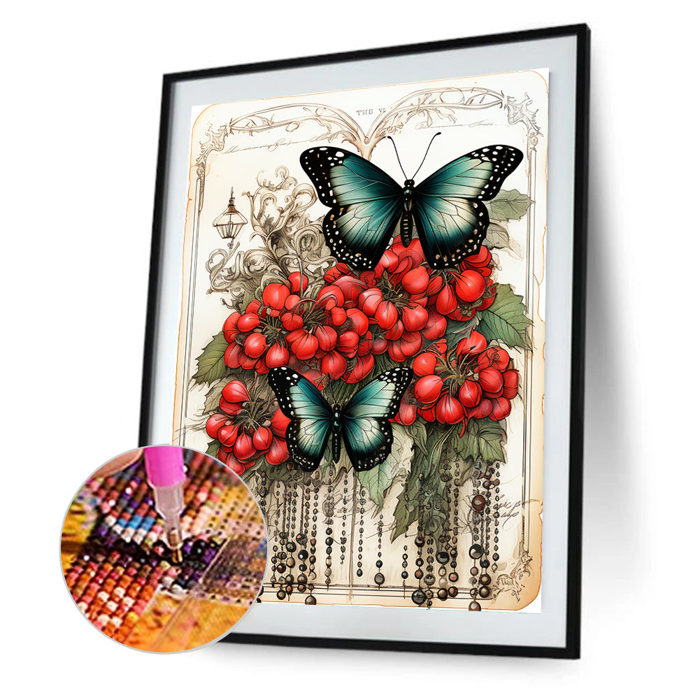 Retro Red Flower Butterfly - Full Round Drill Diamond Painting 30*40CM