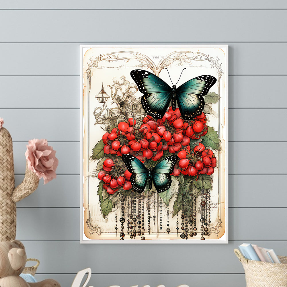 Retro Red Flower Butterfly - Full Round Drill Diamond Painting 30*40CM