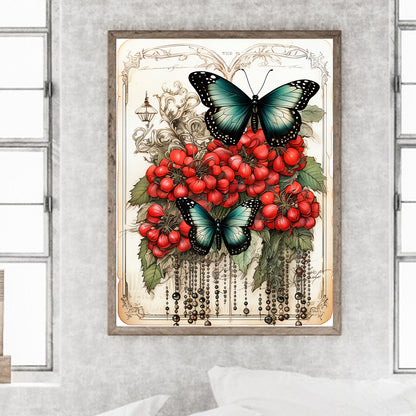 Retro Red Flower Butterfly - Full Round Drill Diamond Painting 30*40CM