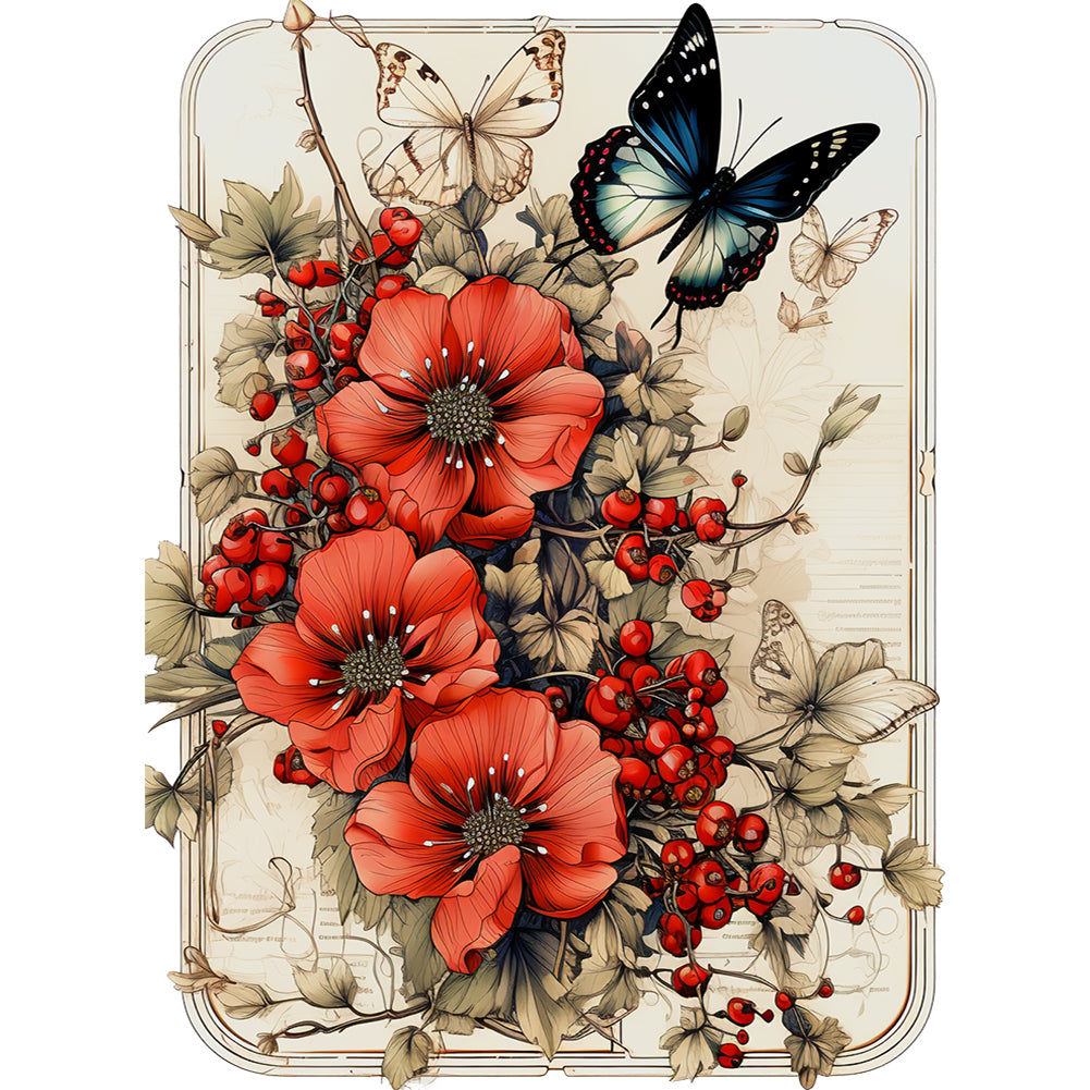 Retro Red Flower Butterfly - Full Round Drill Diamond Painting 30*40CM