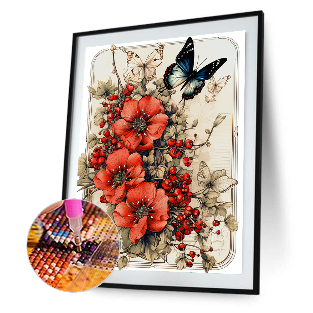 Retro Red Flower Butterfly - Full Round Drill Diamond Painting 30*40CM