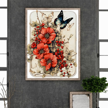 Retro Red Flower Butterfly - Full Round Drill Diamond Painting 30*40CM