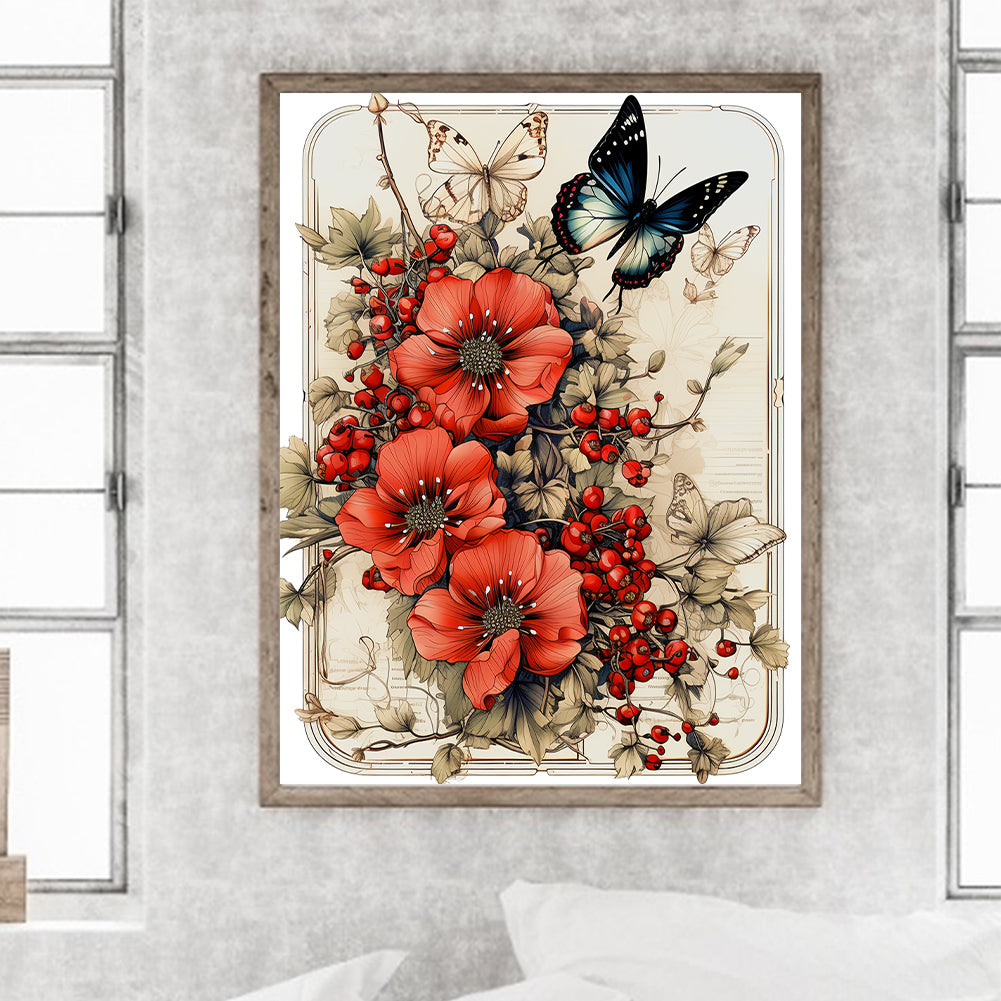 Retro Red Flower Butterfly - Full Round Drill Diamond Painting 30*40CM