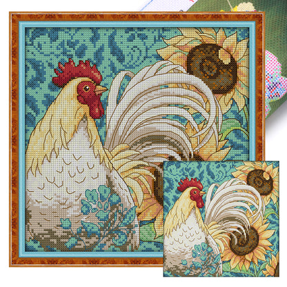 Sunflowers And Rooster - 14CT Stamped Cross Stitch 27*27CM(Joy Sunday)