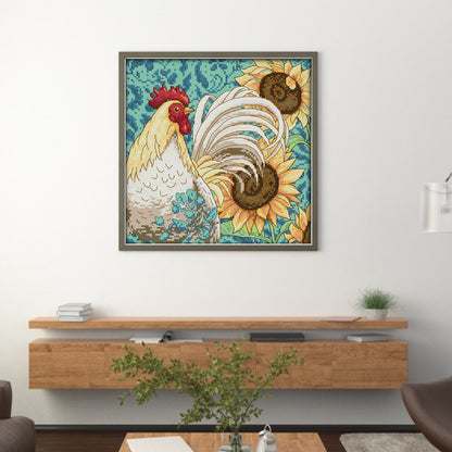 Sunflowers And Rooster - 14CT Stamped Cross Stitch 27*27CM(Joy Sunday)