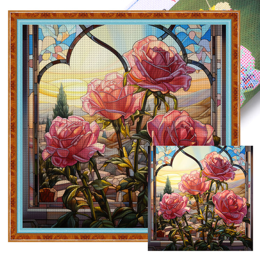 Glass Painting - Pink Roses By The Window - 11CT Stamped Cross Stitch 50*50CM