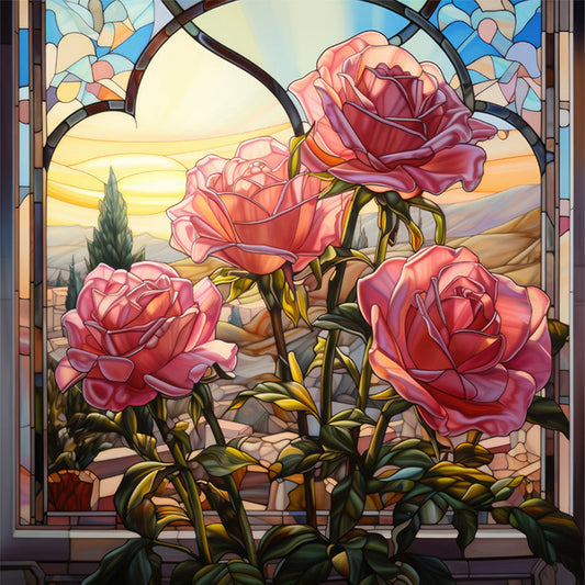 Glass Painting - Pink Roses By The Window - 11CT Stamped Cross Stitch 50*50CM