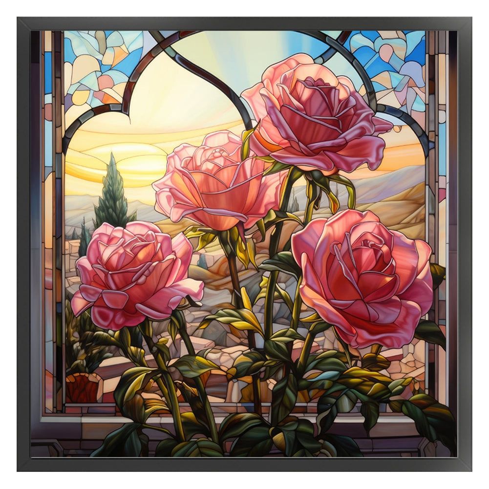 Glass Painting - Pink Roses By The Window - 11CT Stamped Cross Stitch 50*50CM